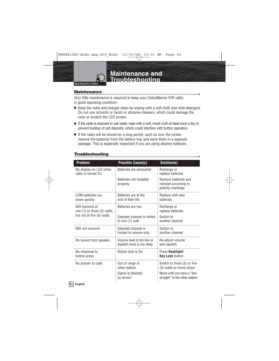 Maintenance and troubleshooting | Cobra Electronics MR HH415LI VP EU User Manual | Page 59 / 63