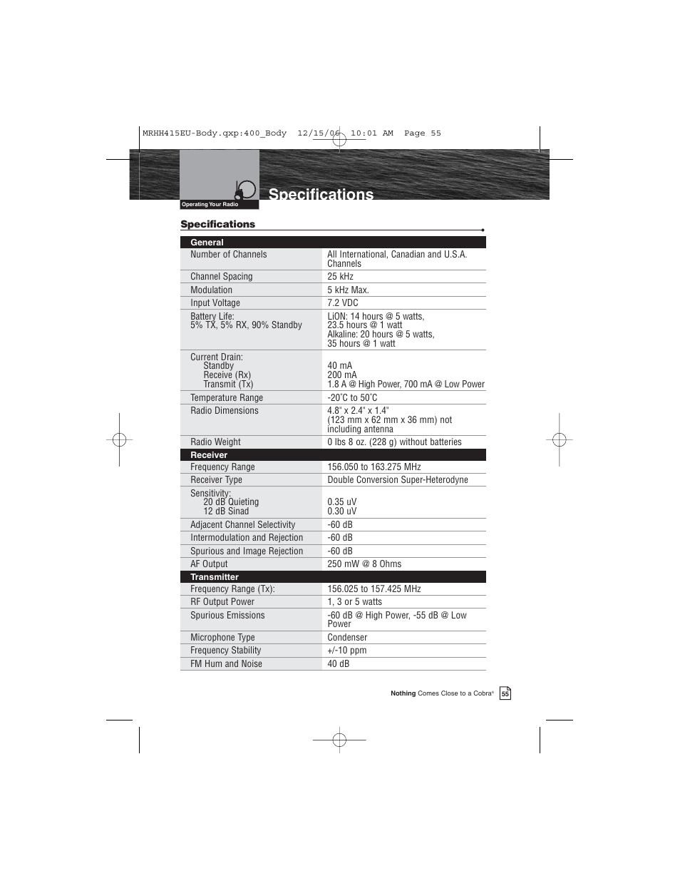 Specifications | Cobra Electronics MR HH415LI VP EU User Manual | Page 60 / 63