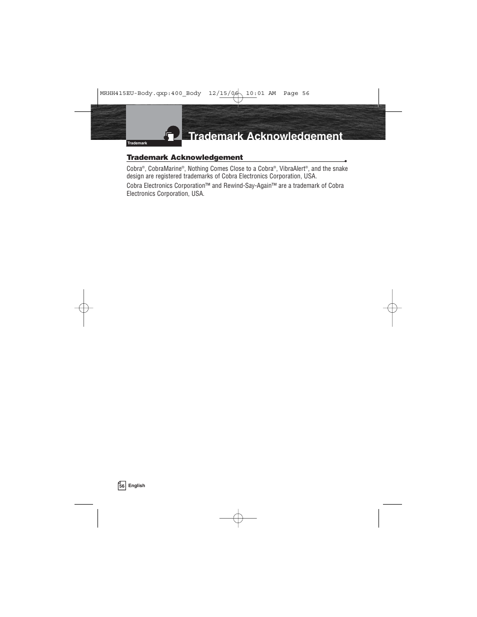 Trademark acknowledgement | Cobra Electronics MR HH415LI VP EU User Manual | Page 61 / 63