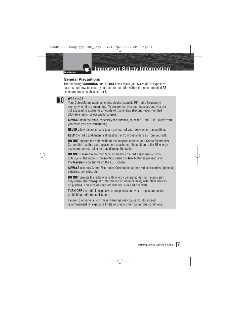 Important safety information | Cobra Electronics MR HH415LI VP EU User Manual | Page 8 / 63