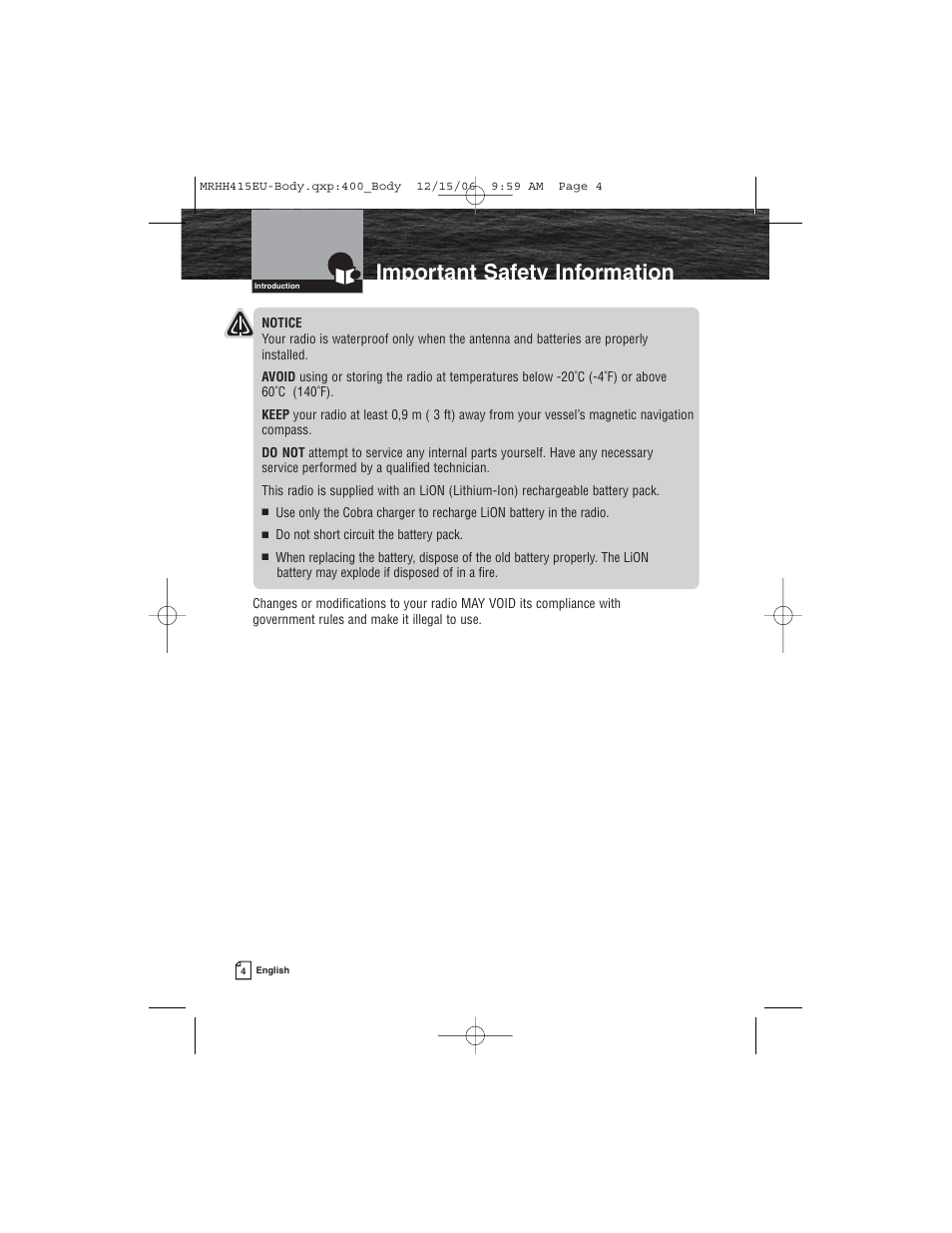 Important safety information | Cobra Electronics MR HH415LI VP EU User Manual | Page 9 / 63