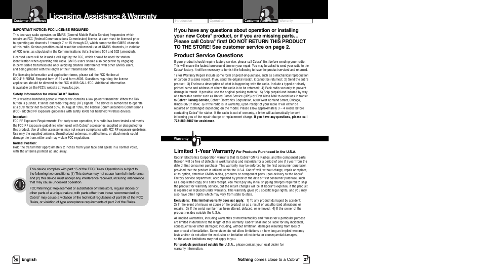 Licensing, assistance &warranty, Product service questions, Limited 1-year warranty | Cobra Electronics PR4300WX User Manual | Page 13 / 14