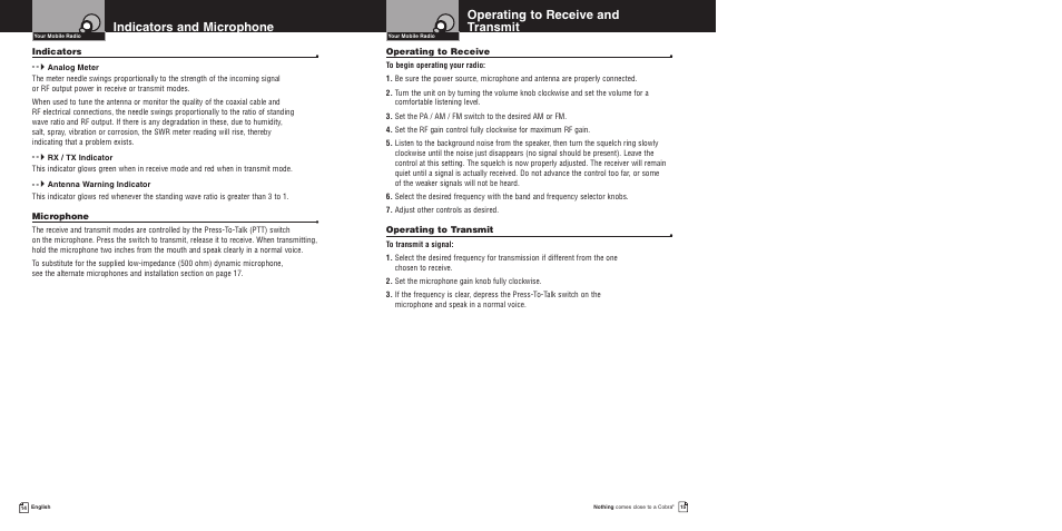 Operating to receive and transmit, Indicators and microphone | Cobra Electronics 150GTLDX User Manual | Page 11 / 17