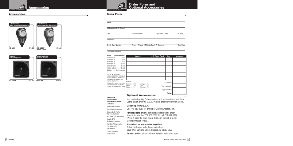 Order form and optional accessories, Accessories, Optional accessories | Order form | Cobra Electronics 150GTLDX User Manual | Page 16 / 17