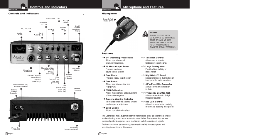 Microphone and features, Controls and indicators, Features | Microphone | Cobra Electronics 150GTLDX User Manual | Page 3 / 17