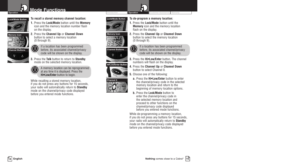 Mode functions | Cobra Electronics PR4700WX User Manual | Page 10 / 17