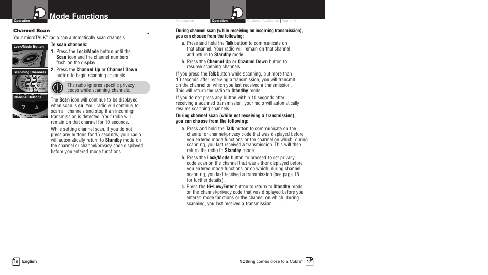 Mode functions | Cobra Electronics PR4700WX User Manual | Page 11 / 17