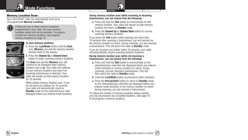 Mode functions | Cobra Electronics PR4700WX User Manual | Page 13 / 17
