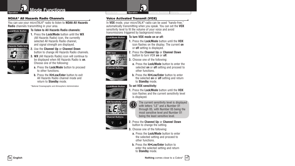 Mode functions | Cobra Electronics PR4700WX User Manual | Page 8 / 17