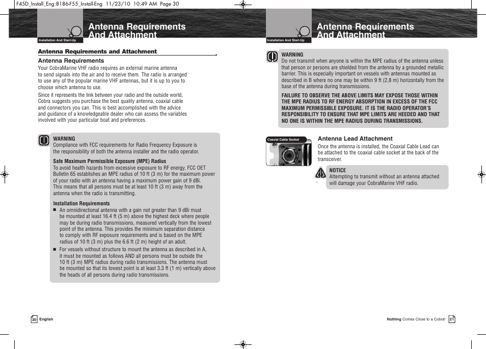 Antenna requirements and attachment | Cobra Electronics COBRA MARINE MR F45-D User Manual | Page 13 / 40