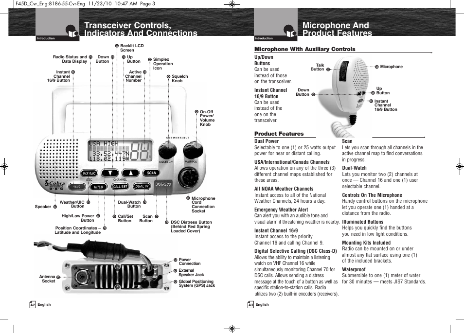 Microphone and product features, Transceiver controls, indicators and connections | Cobra Electronics COBRA MARINE MR F45-D User Manual | Page 2 / 40