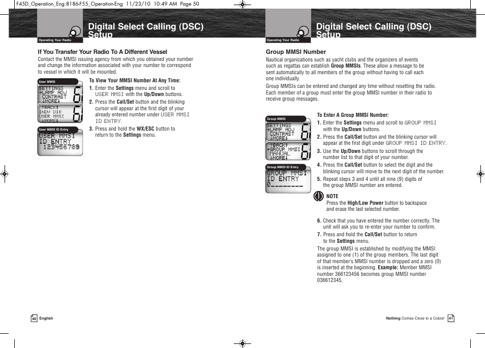 Digital select calling (dsc) setup | Cobra Electronics COBRA MARINE MR F45-D User Manual | Page 23 / 40