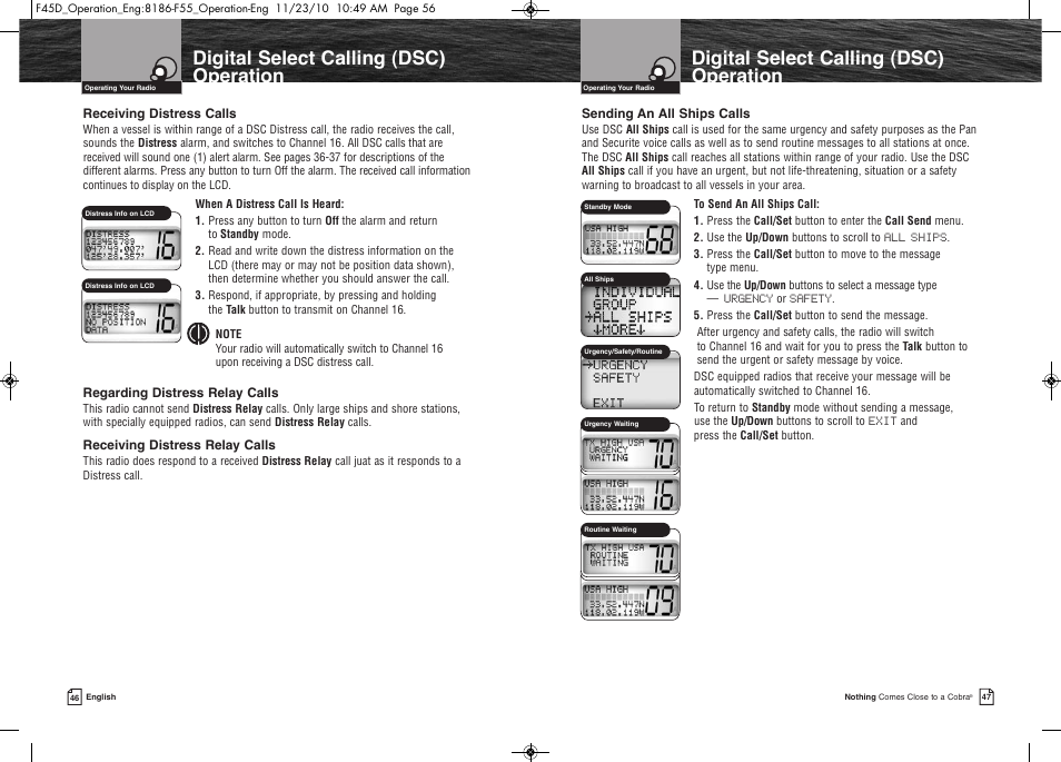 Digital select calling (dsc) operation | Cobra Electronics COBRA MARINE MR F45-D User Manual | Page 26 / 40