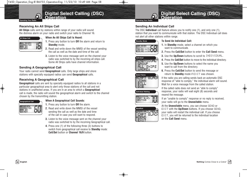 Digital select calling (dsc) operation | Cobra Electronics COBRA MARINE MR F45-D User Manual | Page 27 / 40