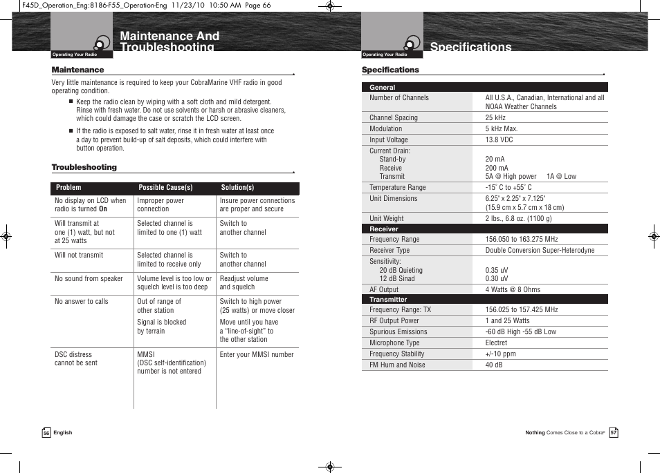 Specifications, Maintenance and troubleshooting | Cobra Electronics COBRA MARINE MR F45-D User Manual | Page 31 / 40