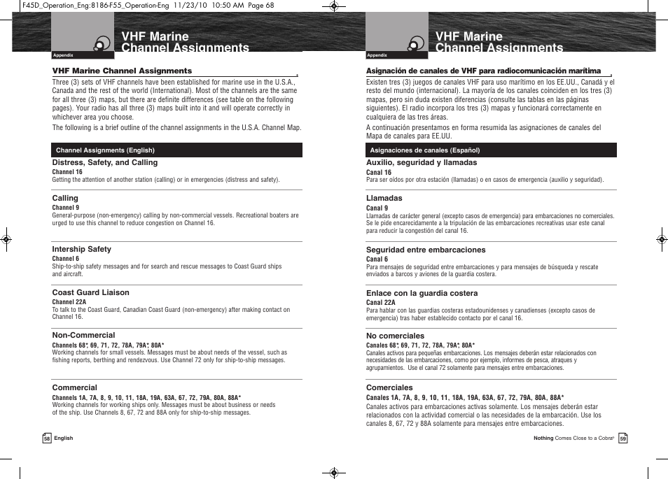 Vhf marine channel assignments | Cobra Electronics COBRA MARINE MR F45-D User Manual | Page 32 / 40