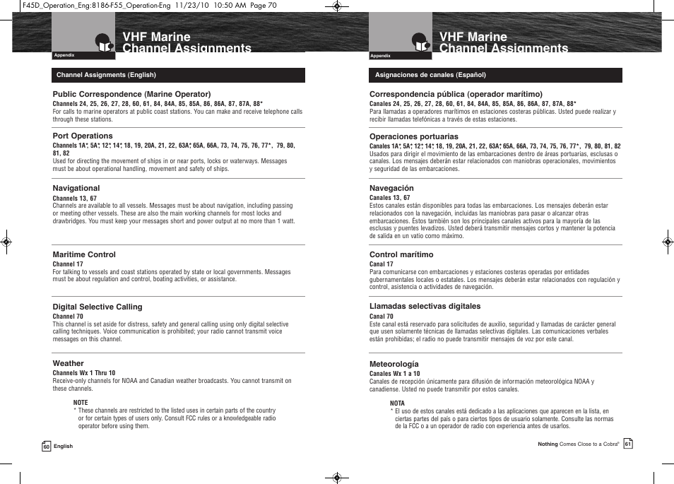 Vhf marine channel assignments | Cobra Electronics COBRA MARINE MR F45-D User Manual | Page 33 / 40