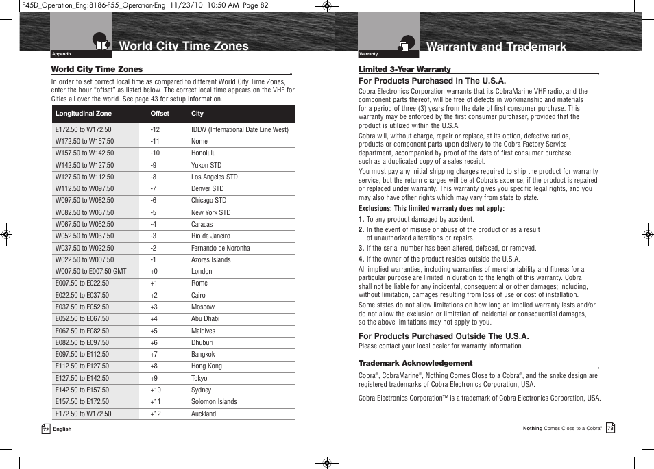 World city time zones, Warranty and trademark | Cobra Electronics COBRA MARINE MR F45-D User Manual | Page 39 / 40