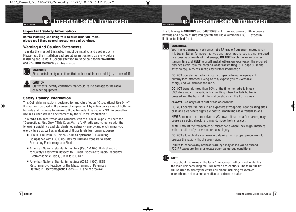 Importantsafetyinformation | Cobra Electronics COBRA MARINE MR F45-D User Manual | Page 4 / 40