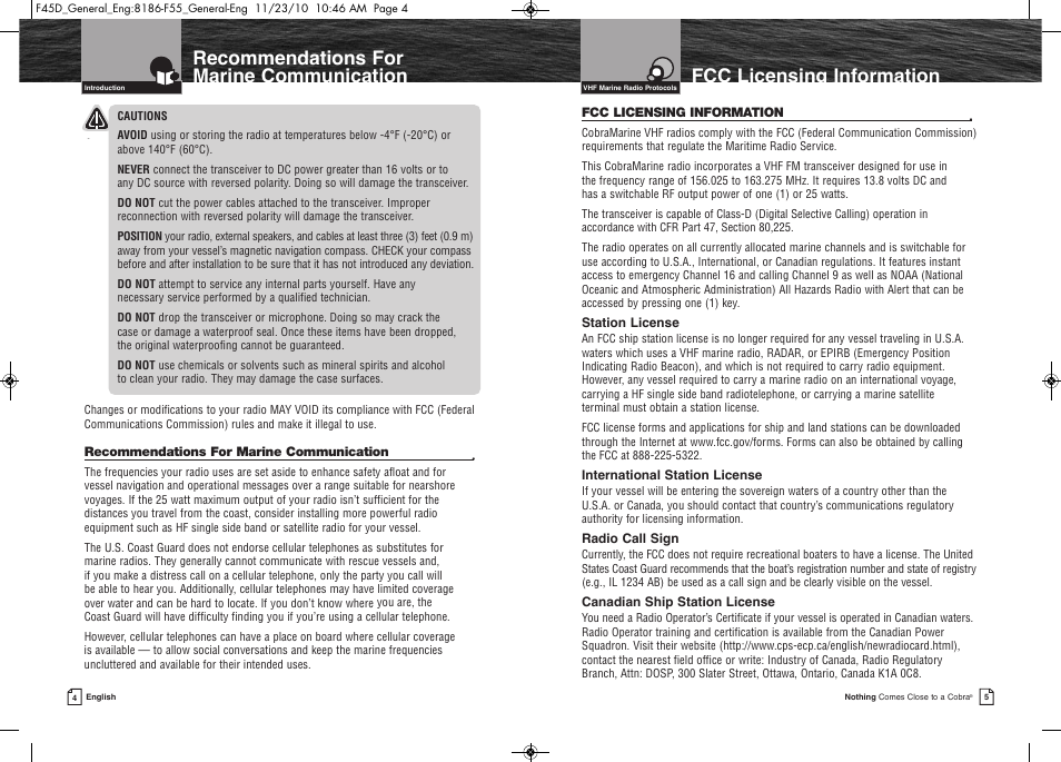 Fcclicensinginformation, Recommendationsfor marinecommunication | Cobra Electronics COBRA MARINE MR F45-D User Manual | Page 5 / 40