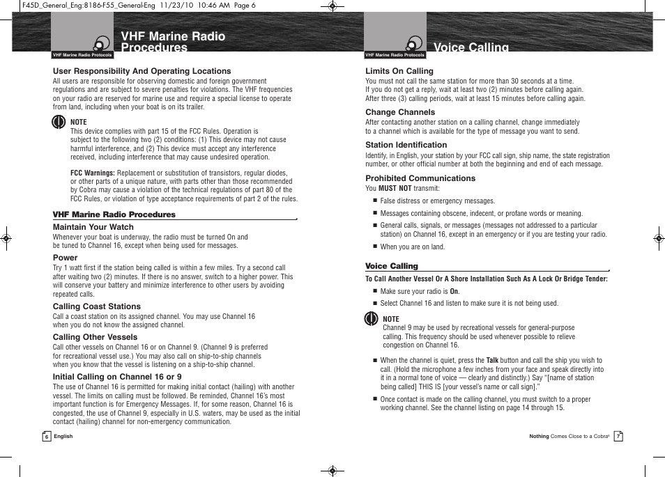 Voicecalling, Vhfmarineradio procedures | Cobra Electronics COBRA MARINE MR F45-D User Manual | Page 6 / 40