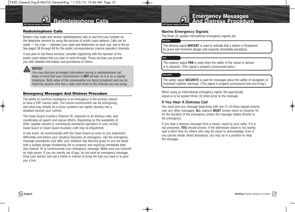 Emergencymessages anddistressprocedure, Radiotelephonecalls | Cobra Electronics COBRA MARINE MR F45-D User Manual | Page 8 / 40