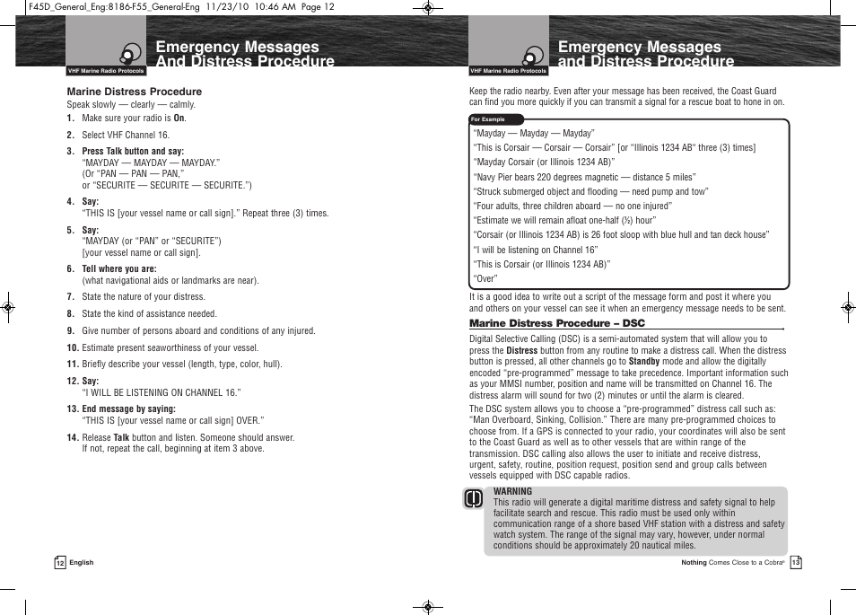 Emergencymessages anddistressprocedure | Cobra Electronics COBRA MARINE MR F45-D User Manual | Page 9 / 40