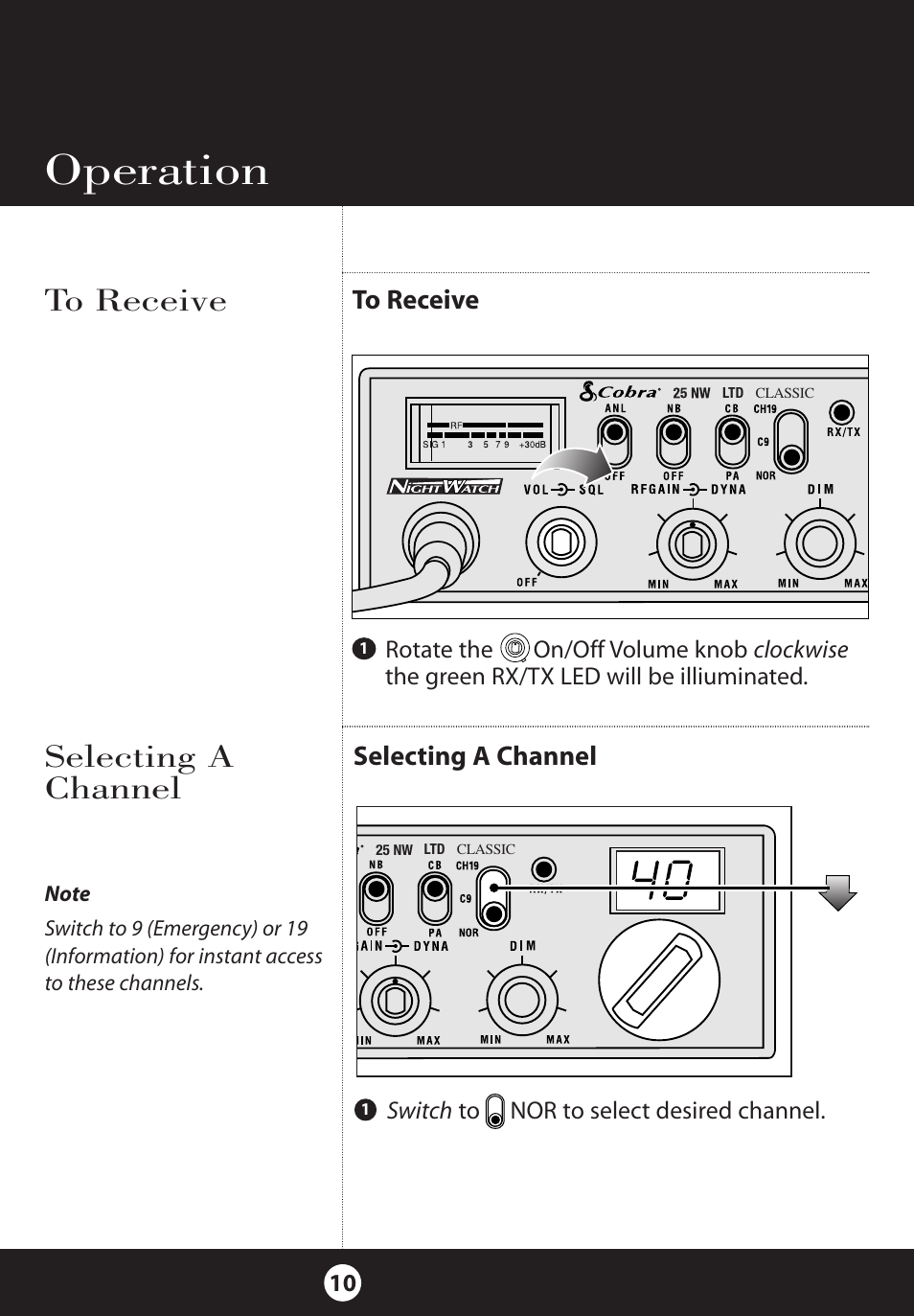 Operation, Selecting a channel | Cobra Electronics 25 NW User Manual | Page 10 / 40