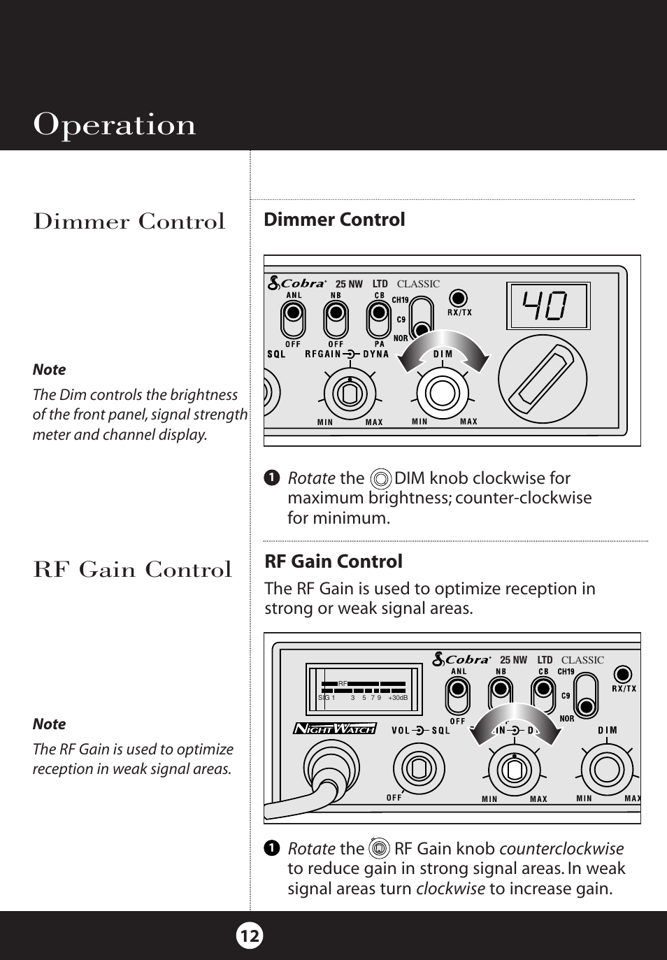 Operation, Rf gain control dimmer control, Rf gain control | Dimmer control | Cobra Electronics 25 NW User Manual | Page 12 / 40