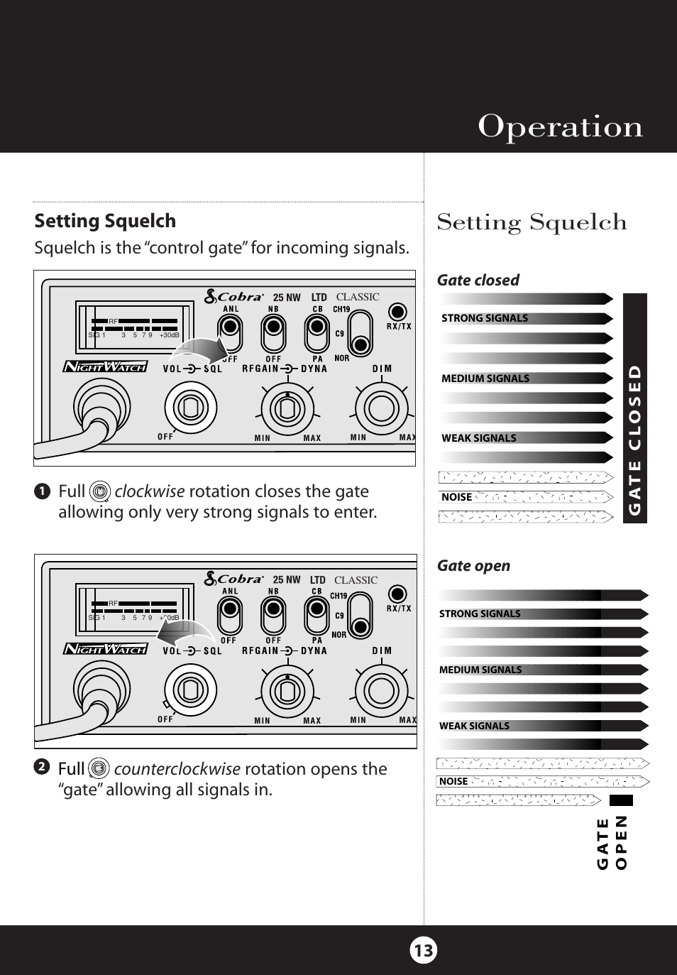 Operation, Setting squelch, Squelch is the “control gate” for incoming signals | Gate open gate closed | Cobra Electronics 25 NW User Manual | Page 13 / 40