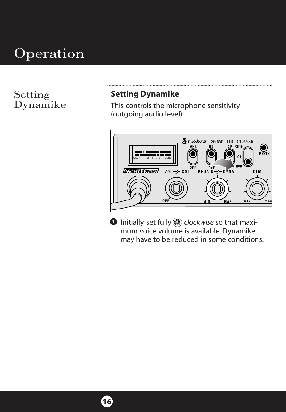 Operation, Setting dynamike | Cobra Electronics 25 NW User Manual | Page 16 / 40