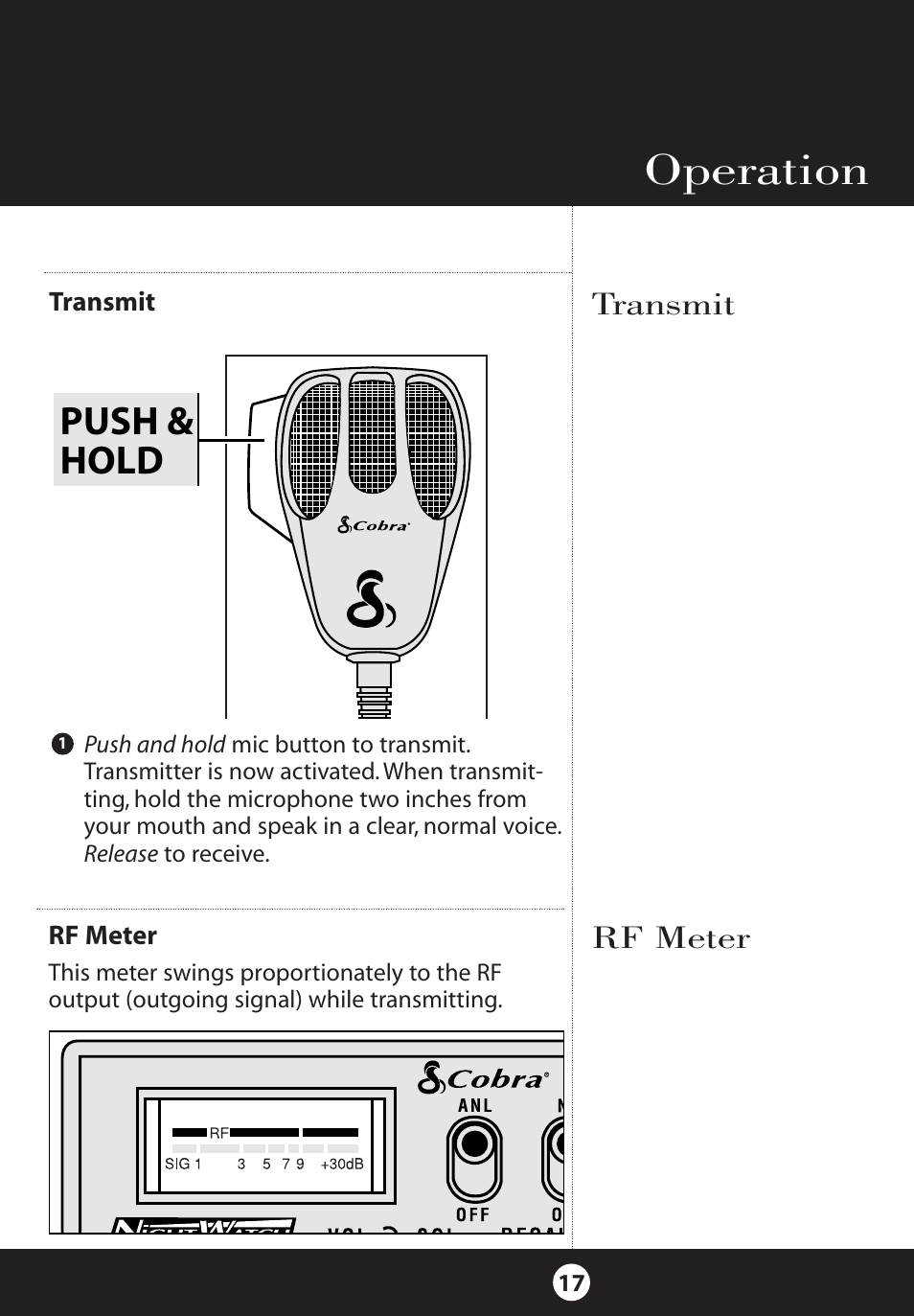 Operation, Push & hold, Transmit rf meter | Cobra Electronics 25 NW User Manual | Page 17 / 40