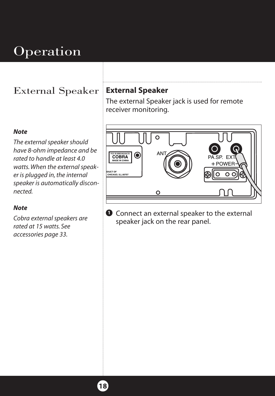 Operation, External speaker | Cobra Electronics 25 NW User Manual | Page 18 / 40