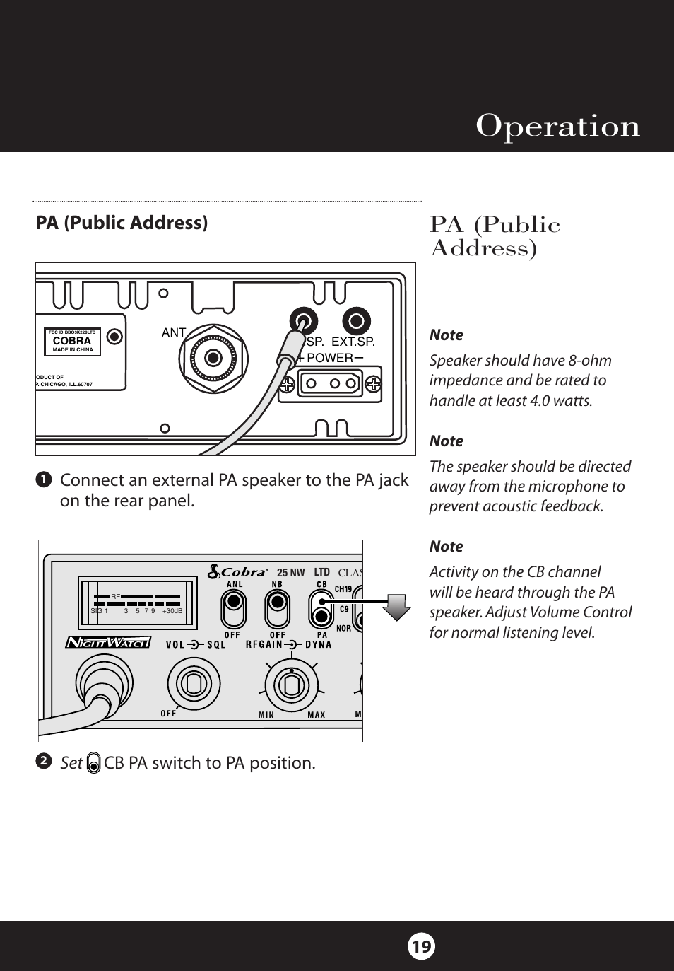 Operation, Pa (public address), Set cb pa switch to pa position | Cobra Electronics 25 NW User Manual | Page 19 / 40