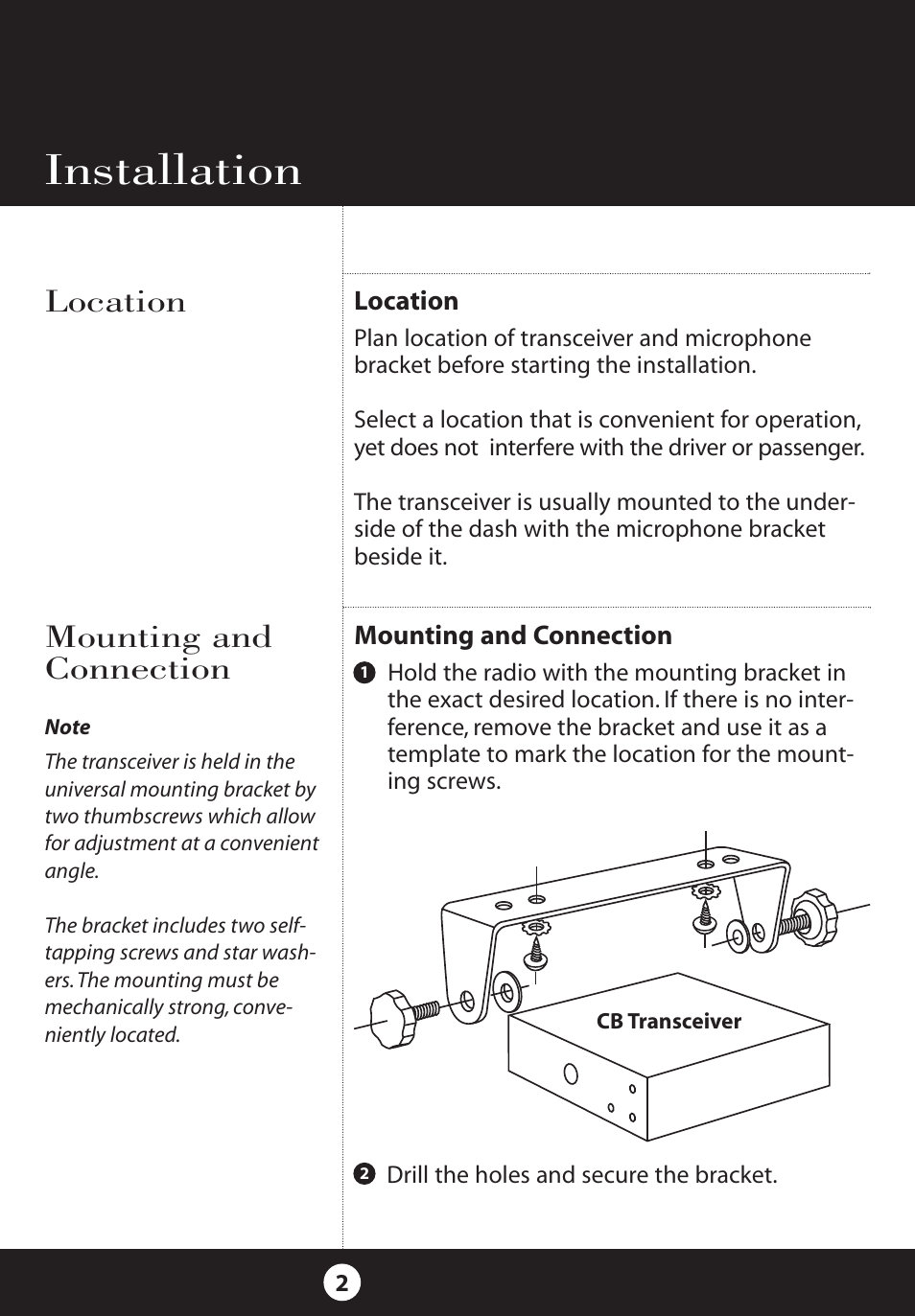 Installation, Location, Mounting and connection | Cobra Electronics 25 NW User Manual | Page 2 / 40