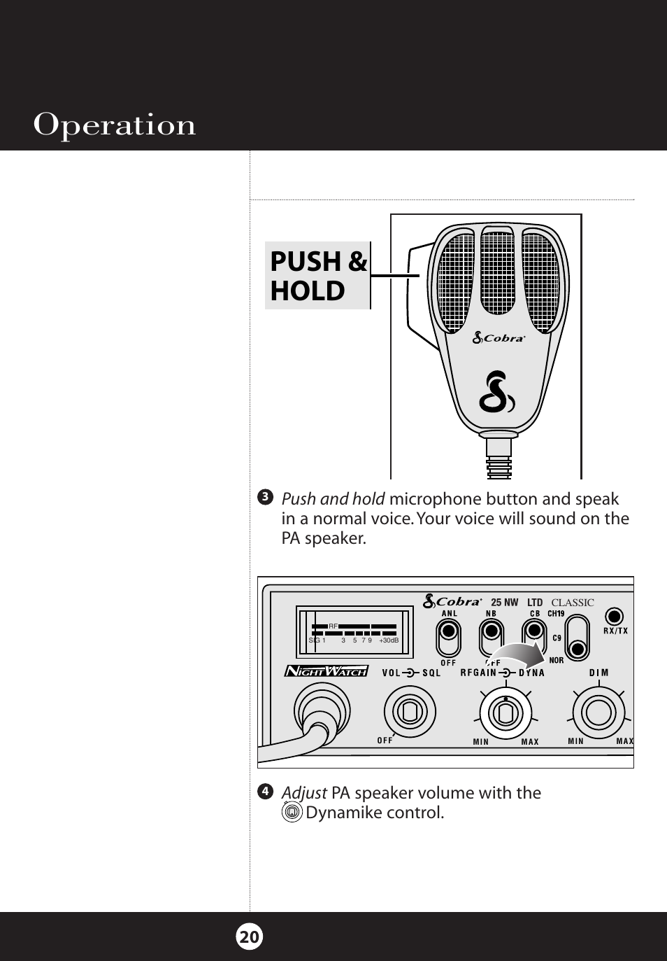 Operation, Push & hold | Cobra Electronics 25 NW User Manual | Page 20 / 40