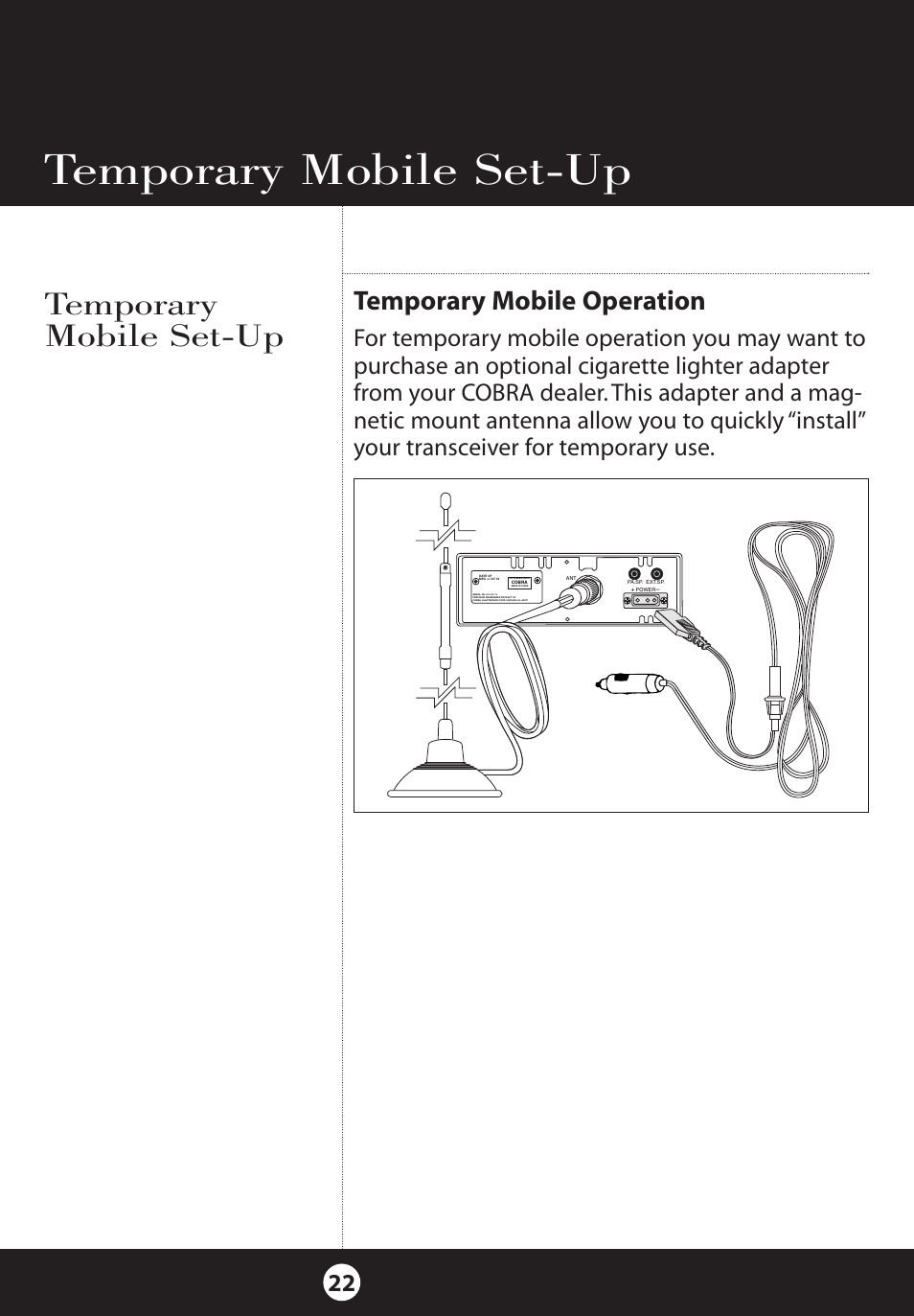 Temporary mobile set-up, Temporary mobile operation | Cobra Electronics 25 NW User Manual | Page 22 / 40