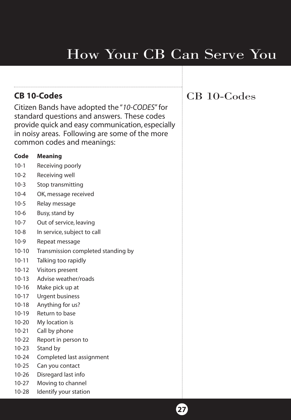 How your cb can serve you, Cb 10-codes | Cobra Electronics 25 NW User Manual | Page 27 / 40