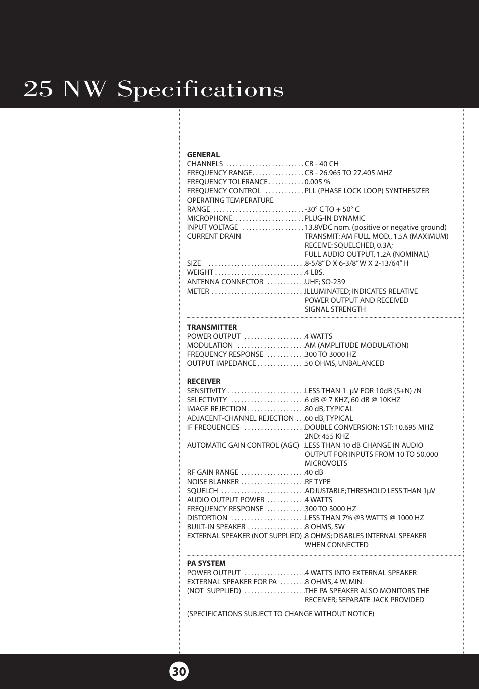 25 nw specifications | Cobra Electronics 25 NW User Manual | Page 30 / 40