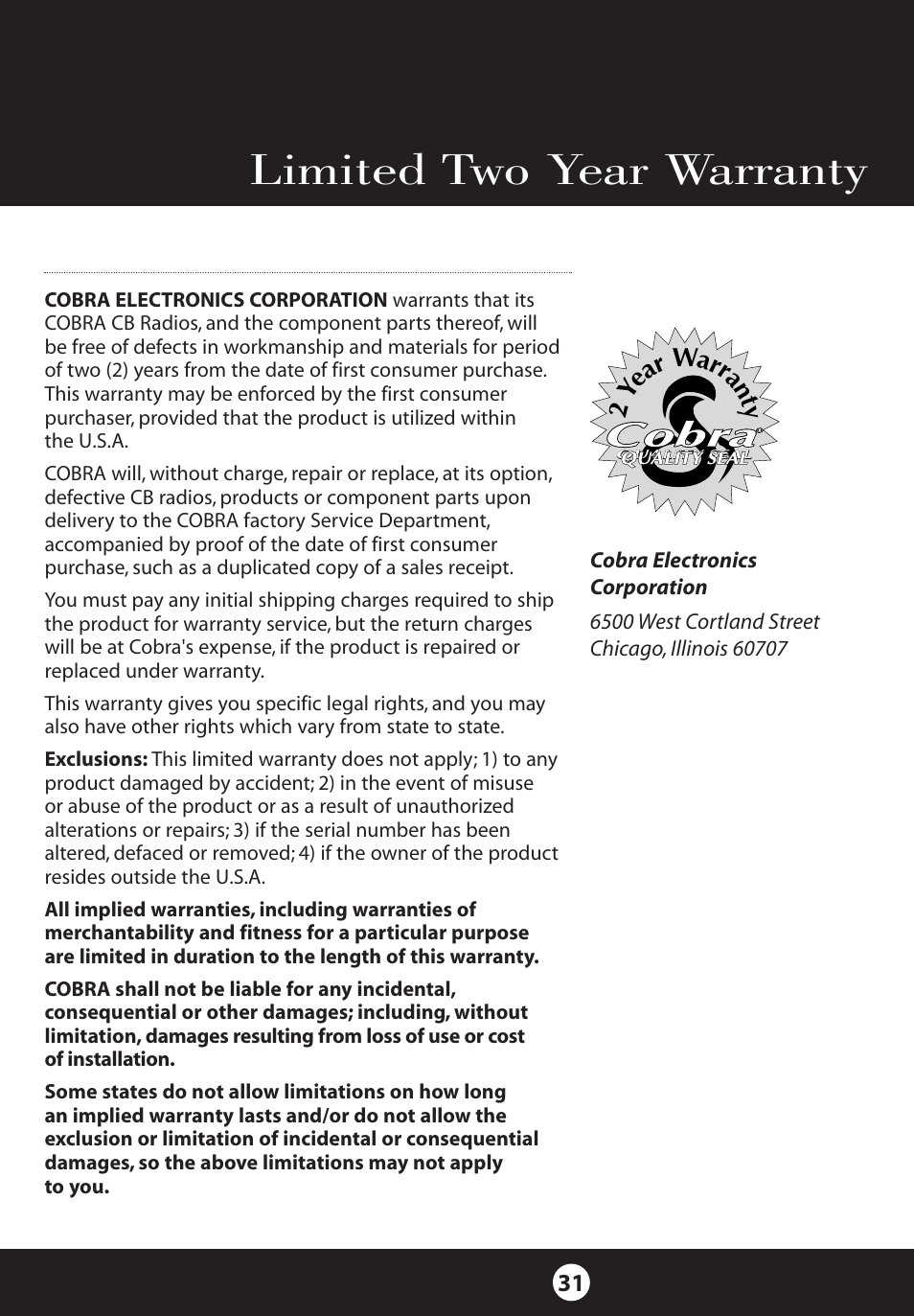 Limited two year warranty, 2ye ar warra nt y | Cobra Electronics 25 NW User Manual | Page 31 / 40