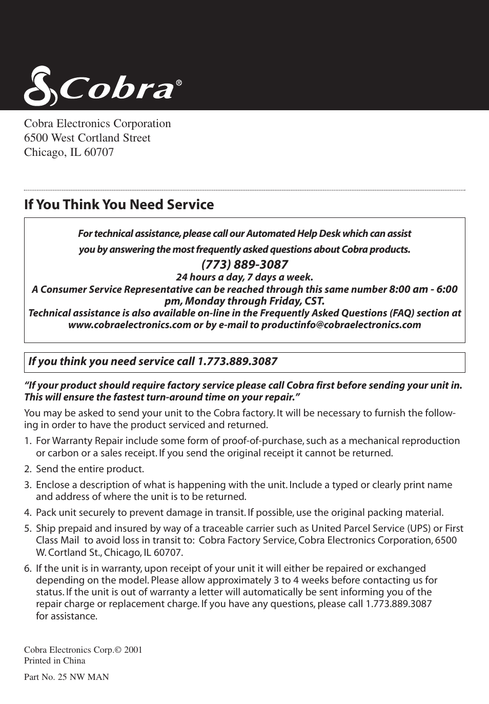 If you think you need service | Cobra Electronics 25 NW User Manual | Page 36 / 40