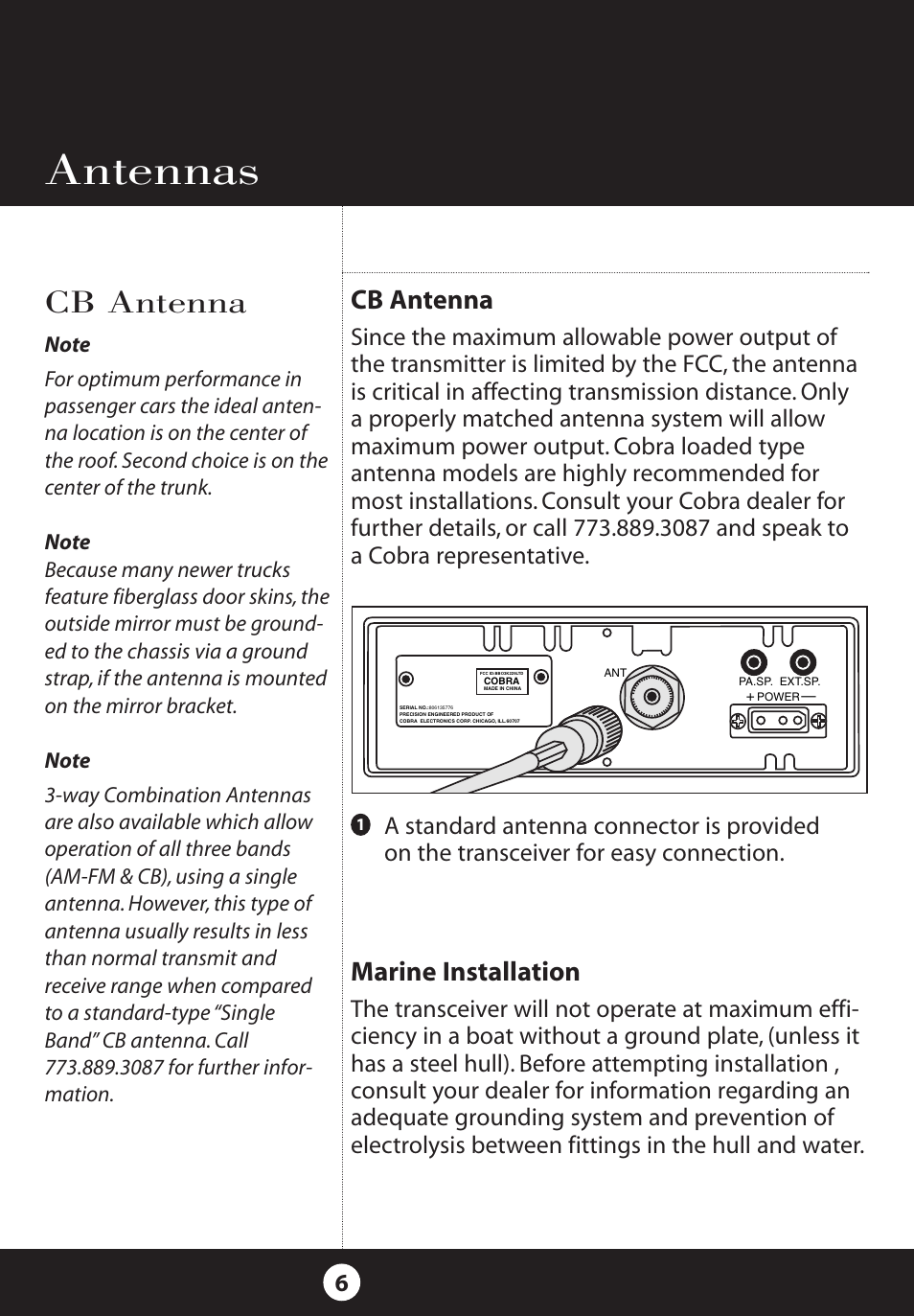 Antennas, Cb antenna, Marine installation | Cobra Electronics 25 NW User Manual | Page 6 / 40