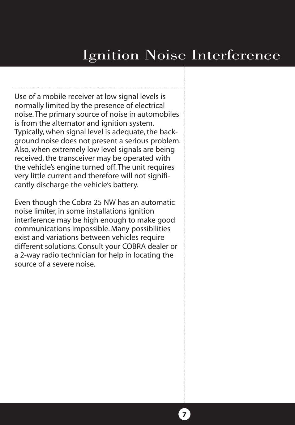 Ignition noise interference | Cobra Electronics 25 NW User Manual | Page 7 / 40
