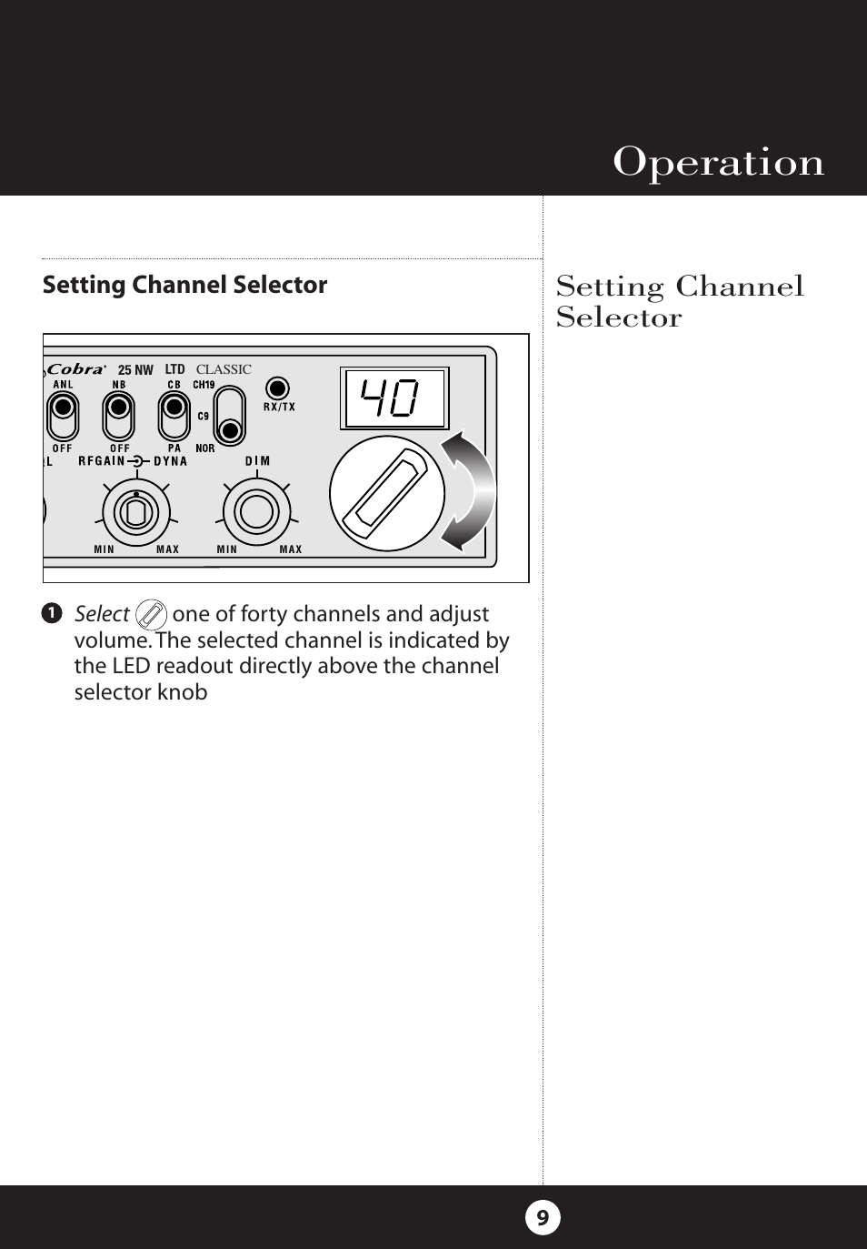 Operation, Setting channel selector | Cobra Electronics 25 NW User Manual | Page 9 / 40