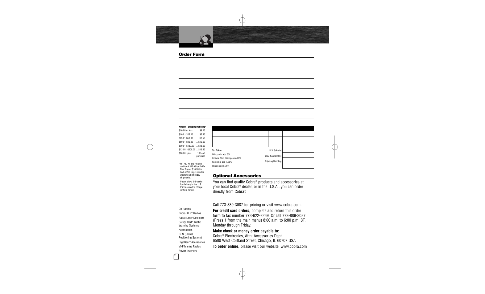 Order form and optional accessories, Ordering from u.s.a, Optional accessories | Order form, You can find quality cobra, Products and accessories at your local cobra | Cobra Electronics MR HH200 VP User Manual | Page 23 / 23