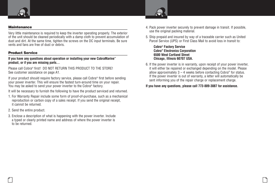 Maintenance and product service product service | Cobra Electronics CPI M800 User Manual | Page 13 / 14