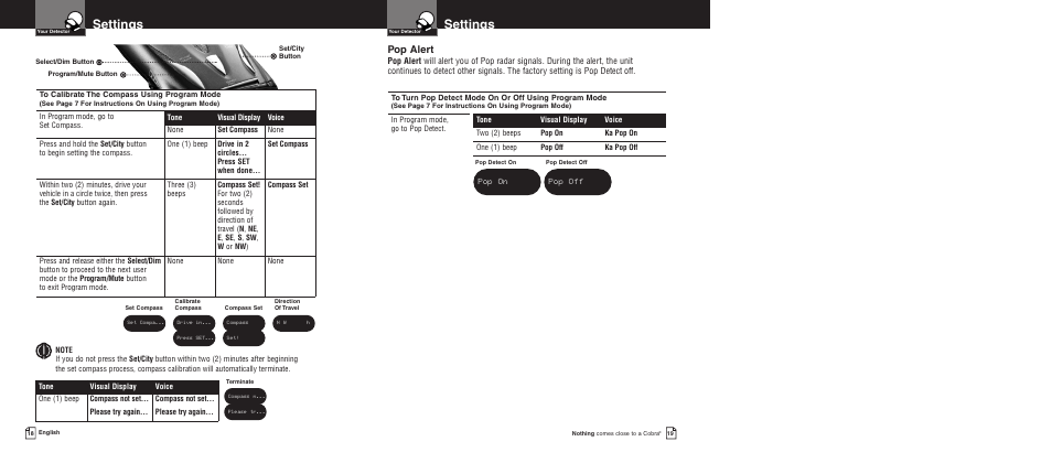 Settings, Pop alert | Cobra Electronics XRS 9700 User Manual | Page 12 / 22