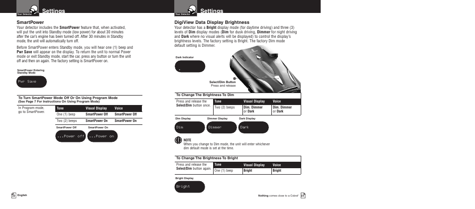 Settings, Digiview data display brightness, Smartpower | Cobra Electronics XRS 9700 User Manual | Page 14 / 22