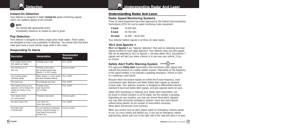 Understanding radar and laser, Detection, Radar speed monitoring systems | Vg-2 and spectre 1, Safety alert traffic warning system, Instant-on detection, Pop detection, Responding to alerts | Cobra Electronics XRS 9700 User Manual | Page 17 / 22