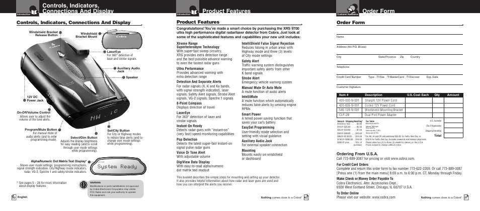 Order form, Product features, Controls, indicators, connections and display | System ready, Ordering from u.s.a | Cobra Electronics XRS 9700 User Manual | Page 3 / 22